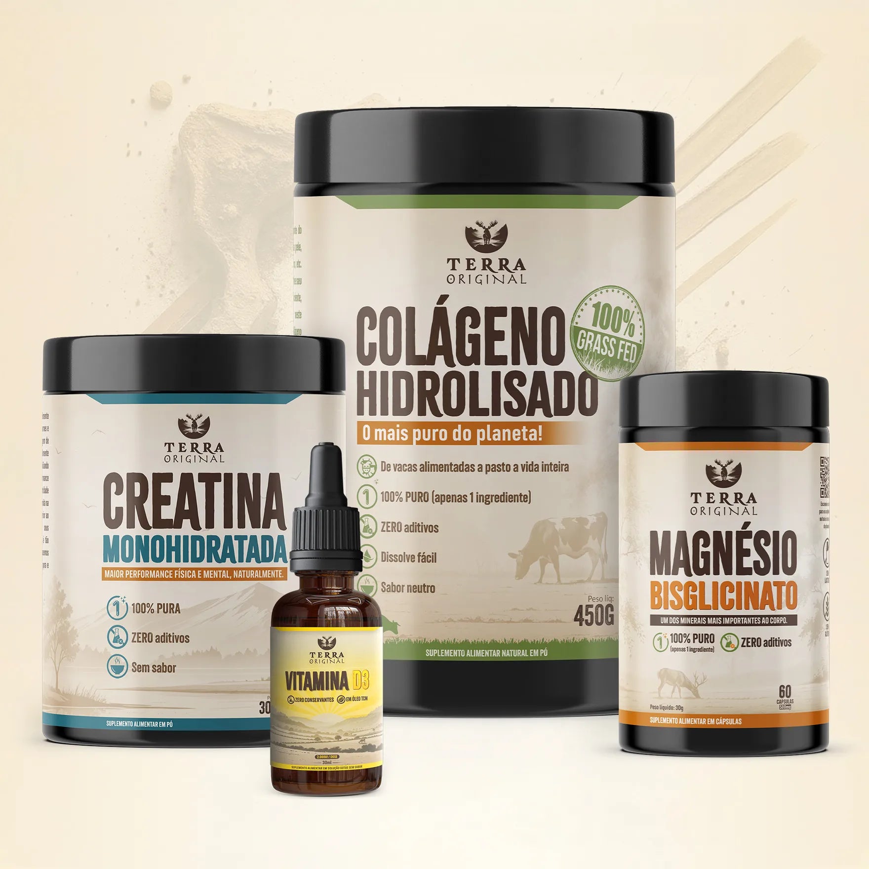 Kit Saúde Suprema Terra Original com colágeno hidrolisado 100% puro, creatina monohidratada, magnésio bisglicinato e vitamina D3 em óleo TCM em fundo branco