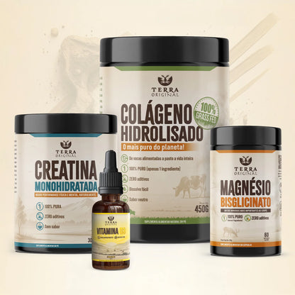 Kit Saúde Suprema Terra Original com colágeno hidrolisado 100% puro, creatina monohidratada, magnésio bisglicinato e vitamina D3 em óleo TCM em fundo branco