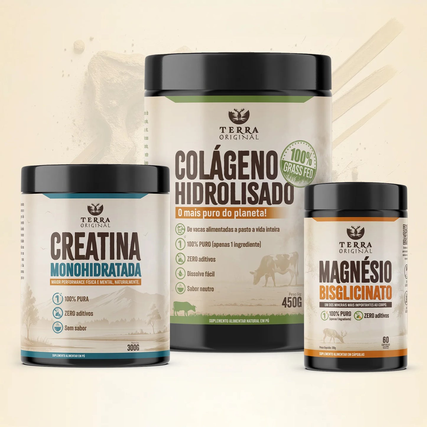 Kit Bem-Estar Terra Original com colágeno hidrolisado 100% puro, creatina monohidratada e magnésio bisglicinato em foto de estúdio com fundo neutro bege