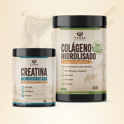 Pacote Colágeno + Creatina Terra Original com pote de colágeno hidrolisado 100% puro e creatina monohidratada em fundo branco