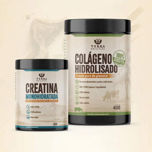 Pacote Colágeno + Creatina Terra Original com pote de colágeno hidrolisado 100% puro e creatina monohidratada em fundo branco