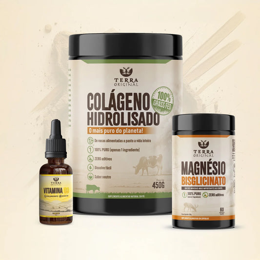 Kit Saúde Essencial Terra Original com colágeno hidrolisado, magnésio bisglicinato e vitamina D3 em óleo TCM em fundo claro texturizado
