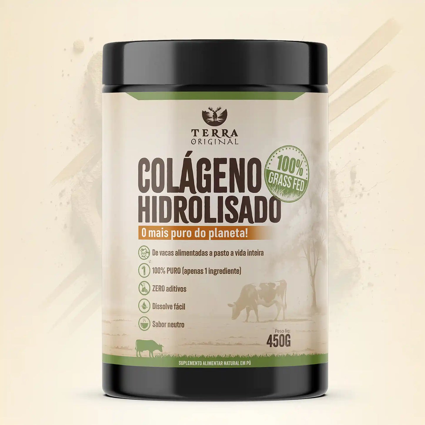 Pote de colágeno hidrolisado 100% puro e grass-fed Terra Original em fundo branco
