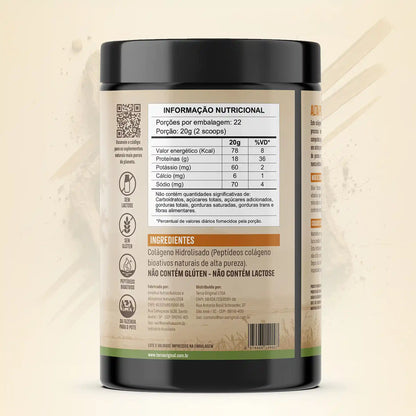 Verso do pote de colágeno hidrolisado 100% puro e grass-fed Terra Original com informações nutricionais