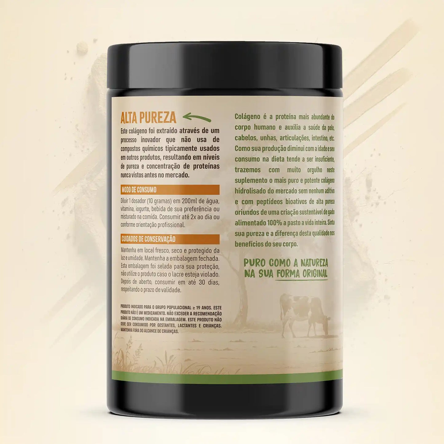 Vista lateral do pote de colágeno hidrolisado 100% puro e grass-fed Terra Original destacando informações adicionais