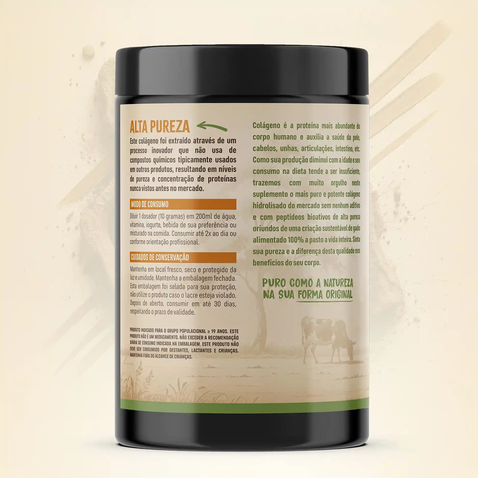 Vista lateral do pote de colágeno hidrolisado 100% puro e grass-fed Terra Original destacando informações adicionais