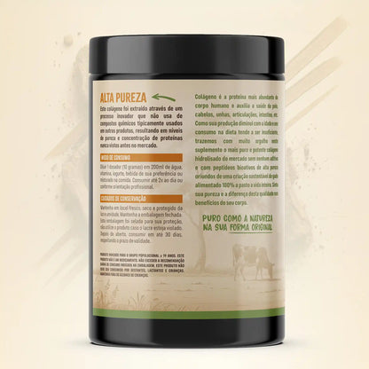 Vista lateral do pote de colágeno hidrolisado 100% puro e grass-fed Terra Original destacando informações adicionais