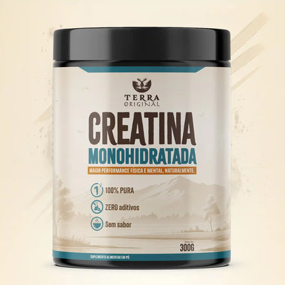 Pote de creatina monohidratada 100% pura e sem aditivos Terra Original em fundo branco