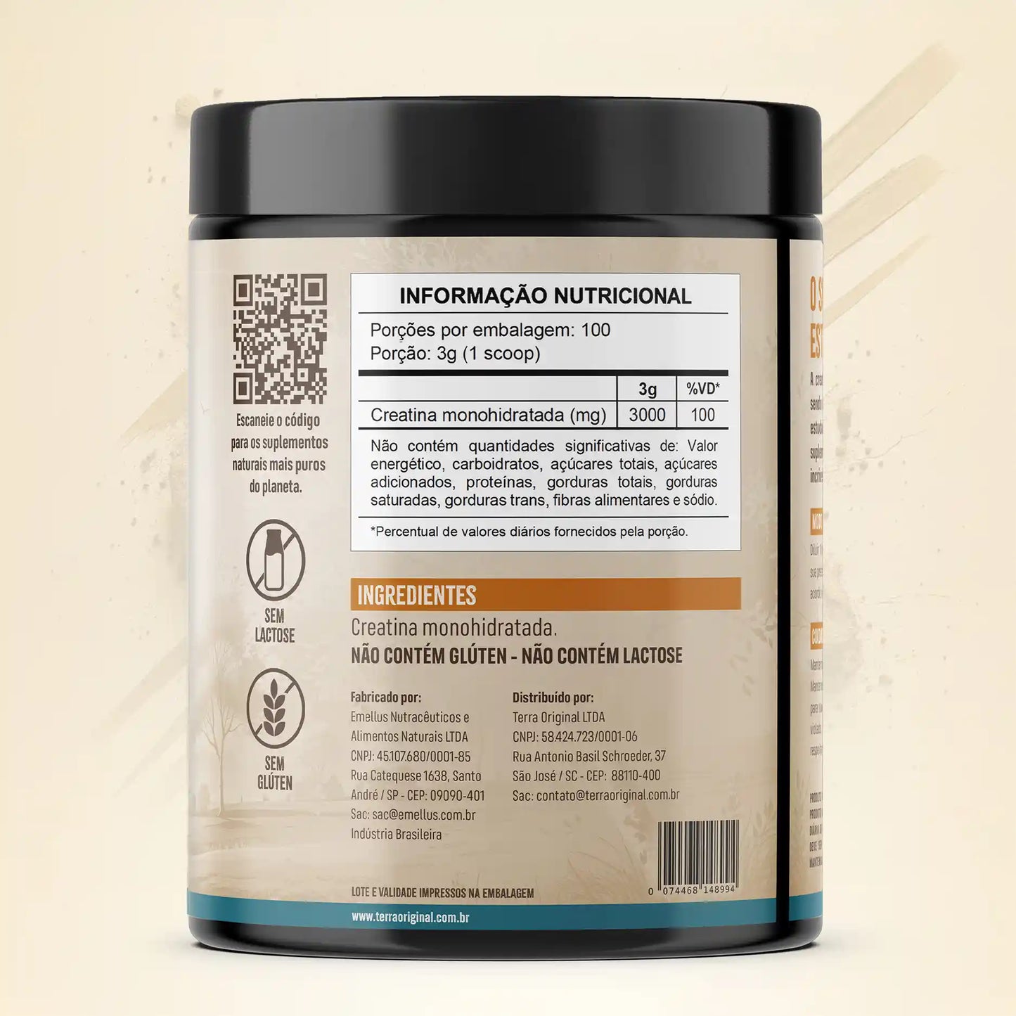 Verso do pote de creatina monohidratada 100% pura e sem aditivos Terra Original mostrando informações nutricionais
