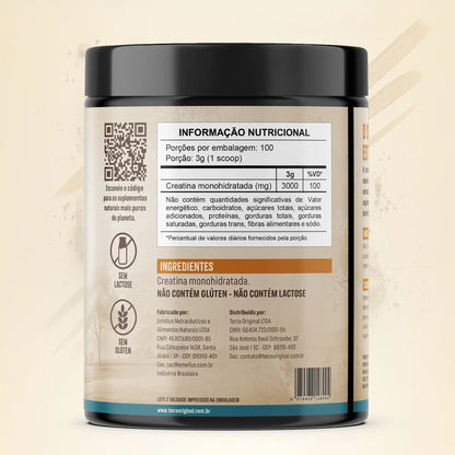 Verso do pote de creatina monohidratada 100% pura e sem aditivos Terra Original mostrando informações nutricionais