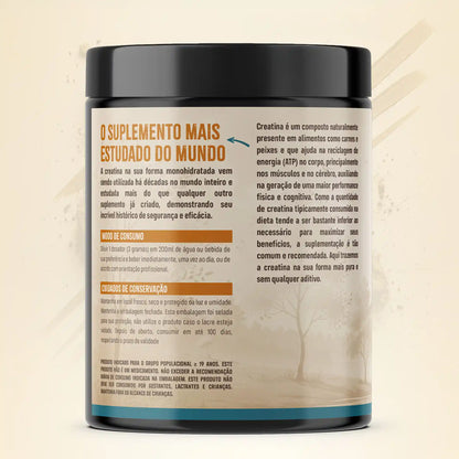 Vista lateral do pote de creatina monohidratada 100% pura e sem aditivos Terra Original exibindo mais informações do rótulo