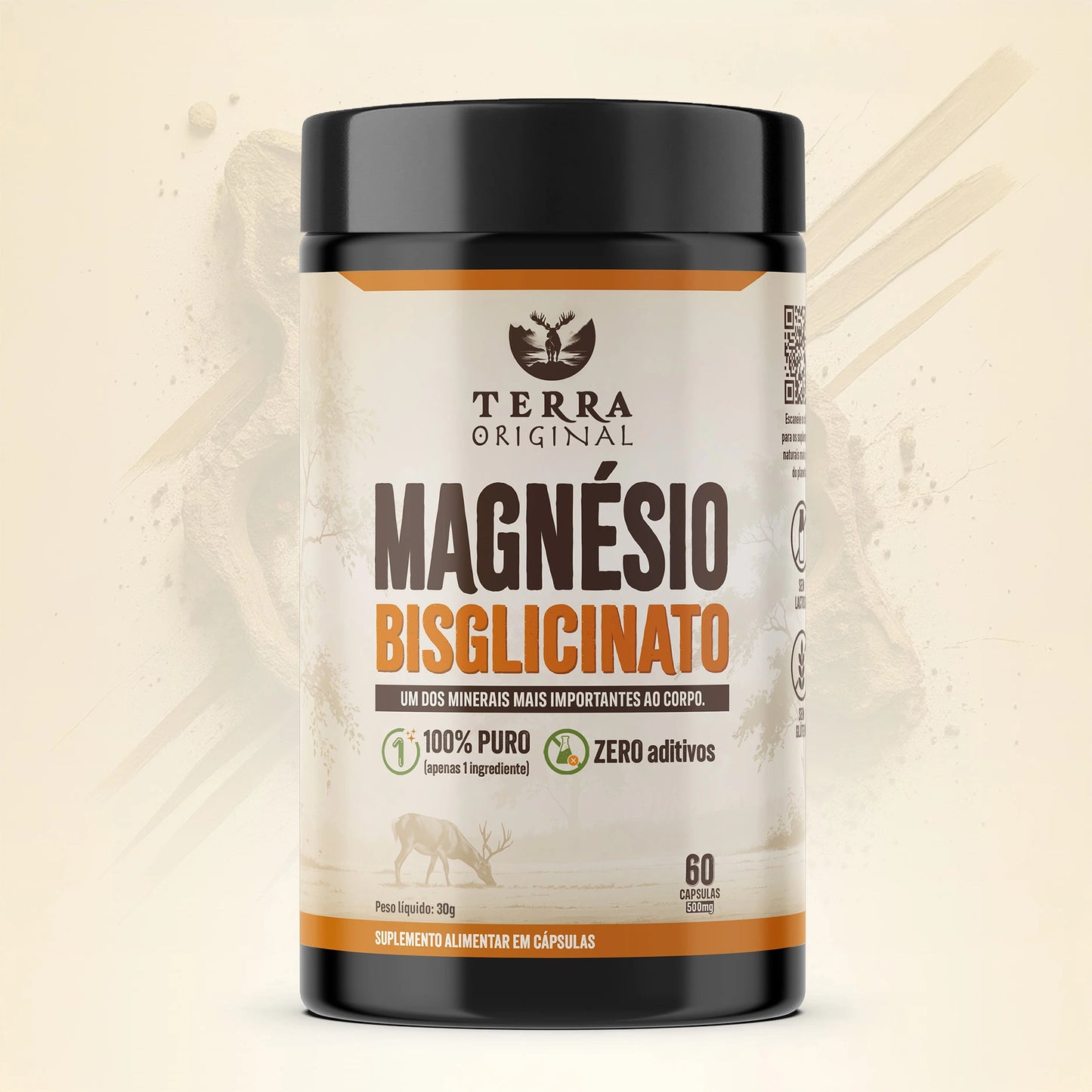 Frente do pote de magnésio bisglicinato 100% puro Terra Original em fundo branco