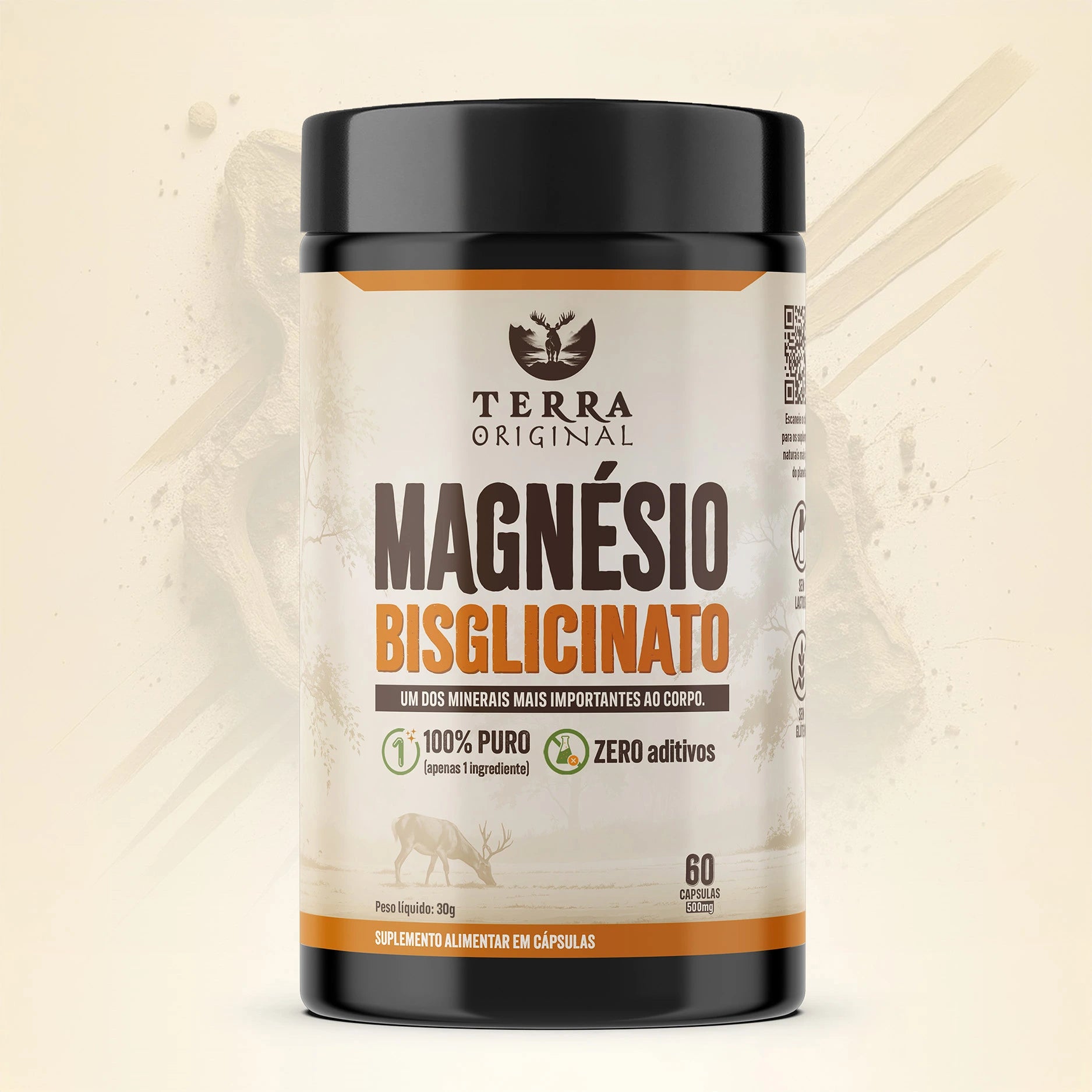 Frente do pote de magnésio bisglicinato 100% puro Terra Original em fundo branco