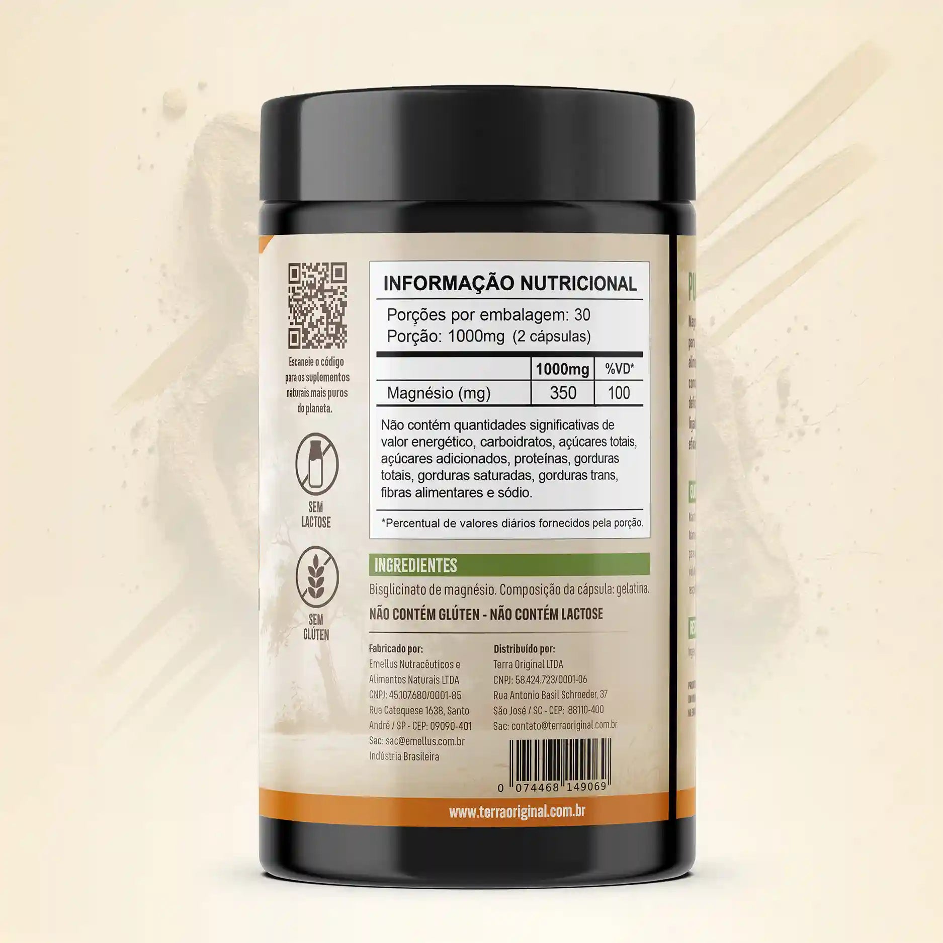 Verso do pote de magnésio bisglicinato Terra Original mostrando informações nutricionais