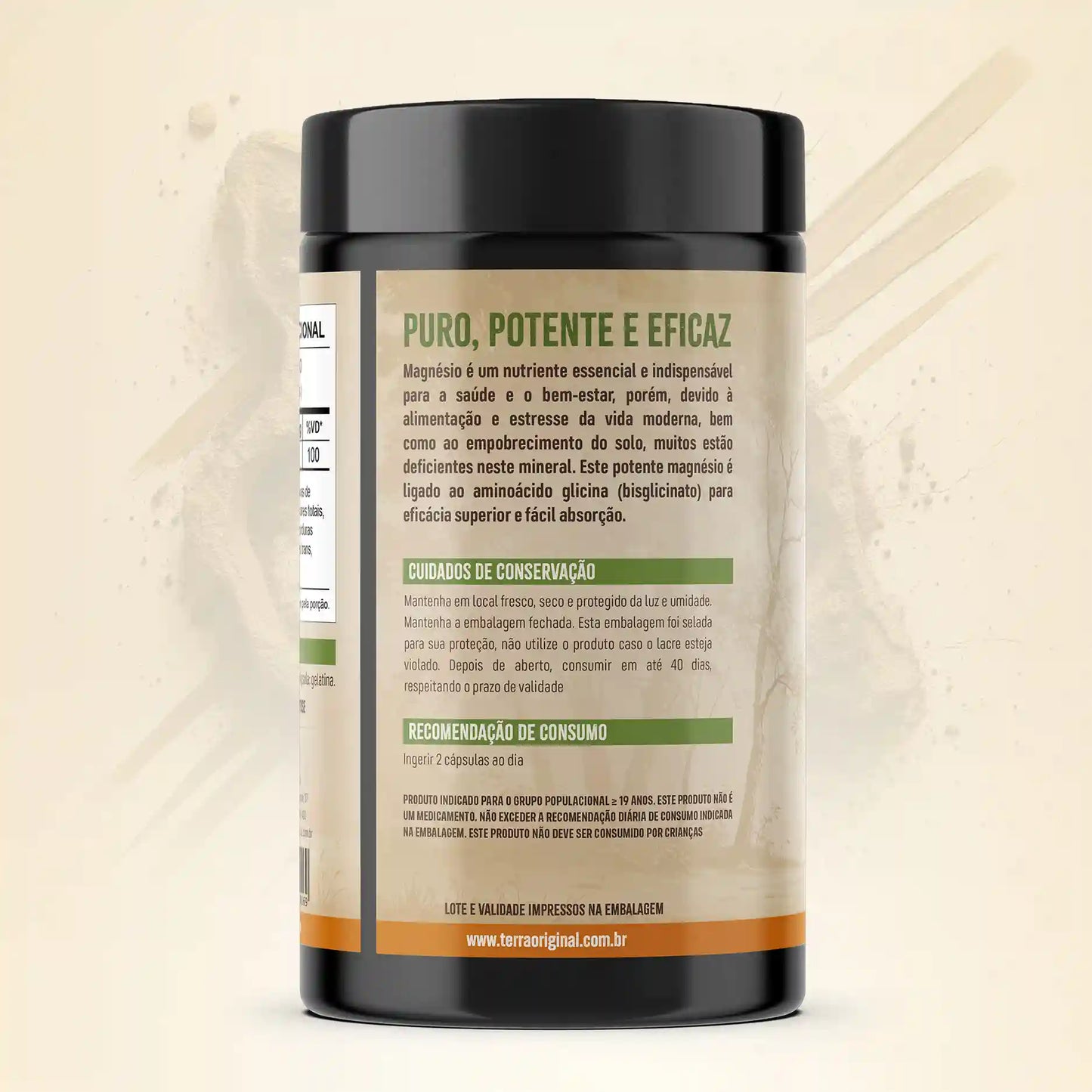 Vista lateral do pote de magnésio bisglicinato Terra Original mostrando mais informações do rótulo