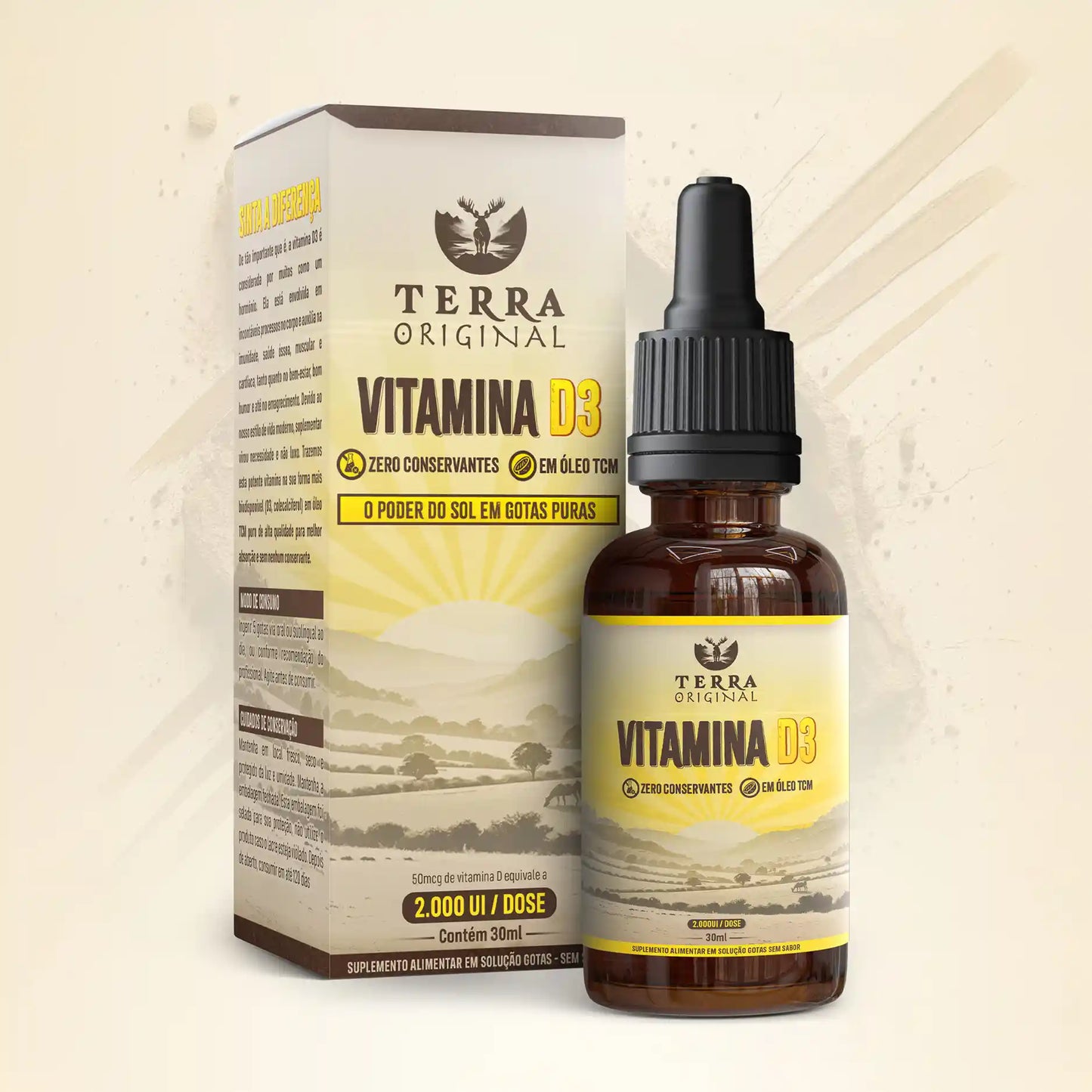 Frasco de vitamina D3 100% pura em óleo TCM Terra Original com conta-gotas e embalagem ao fundo