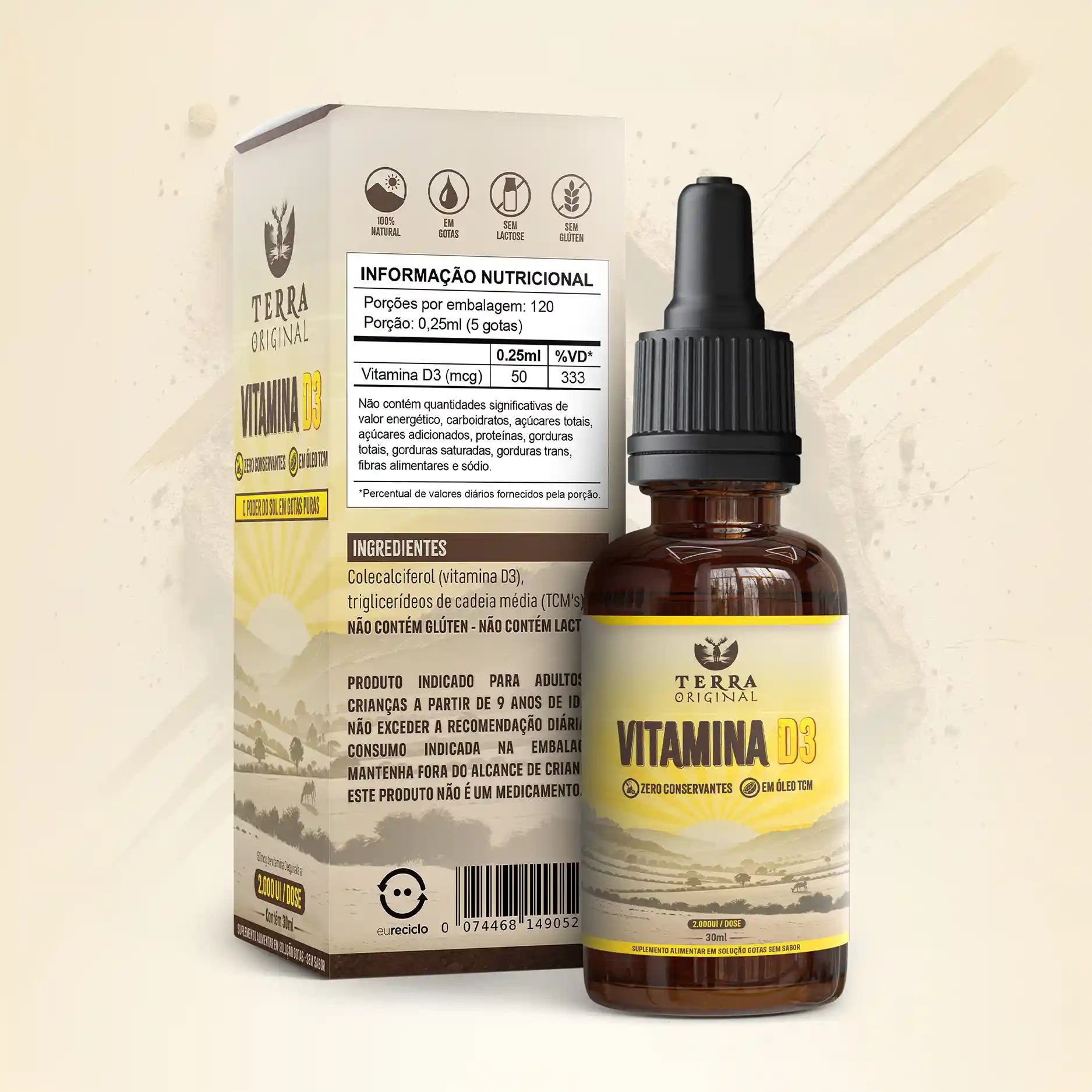 Frasco de vitamina D3 100% pura em óleo TCM Terra Original com conta-gotas e embalagem ao fundo mostrando informações nutricionais