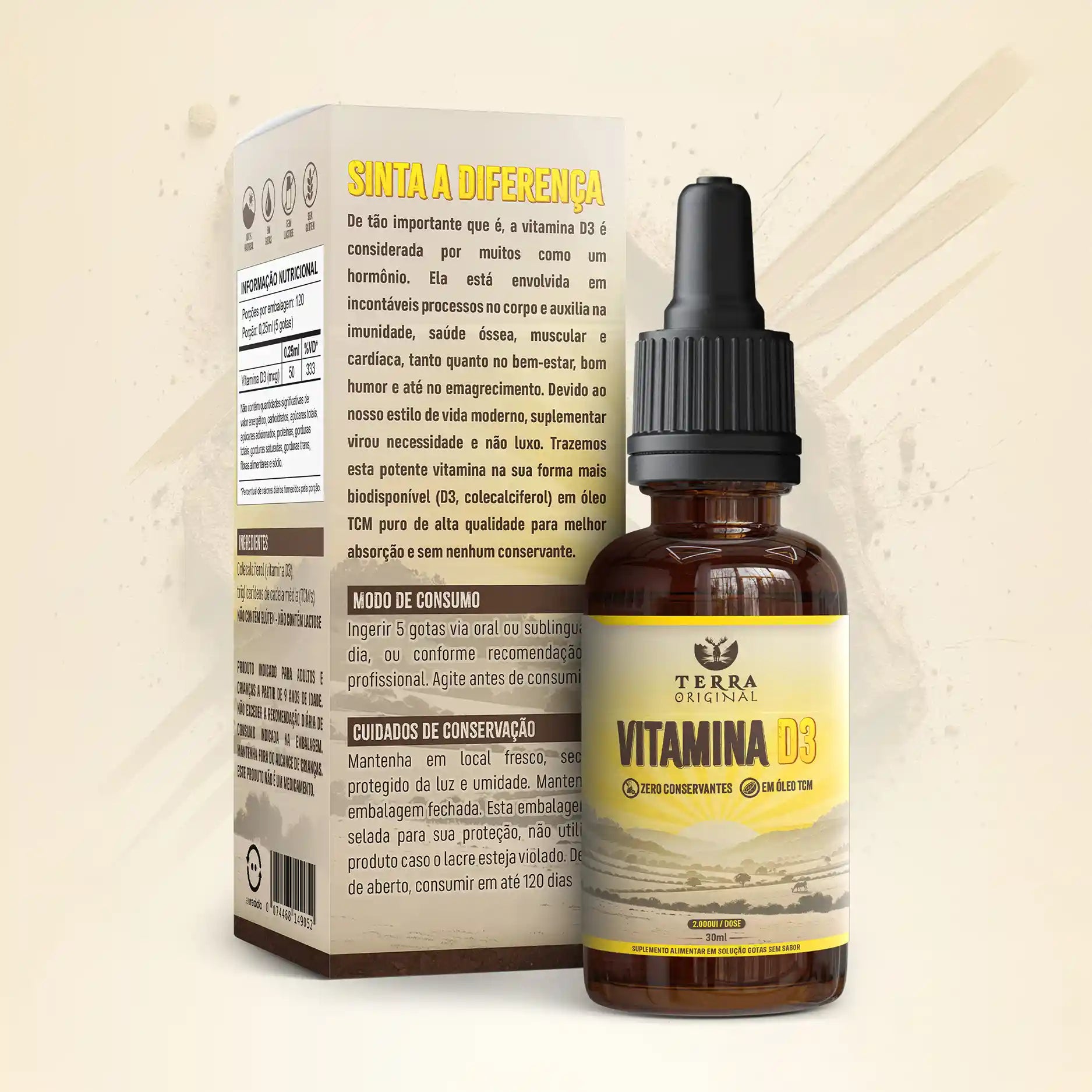 Frasco de vitamina D3 100% pura em óleo TCM Terra Original com conta-gotas e embalagem ao fundo mostrando informações adicionais